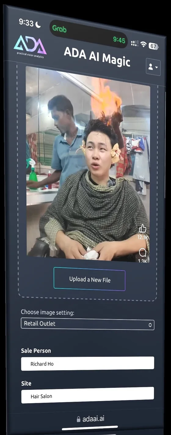 ADA AI Magic mobile app interface showing image upload and retail outlet setting configuration for point-of-capture face analysis