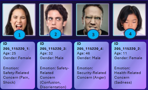 ADA Mugshot — detected face profiles with ID, age, gender and expression