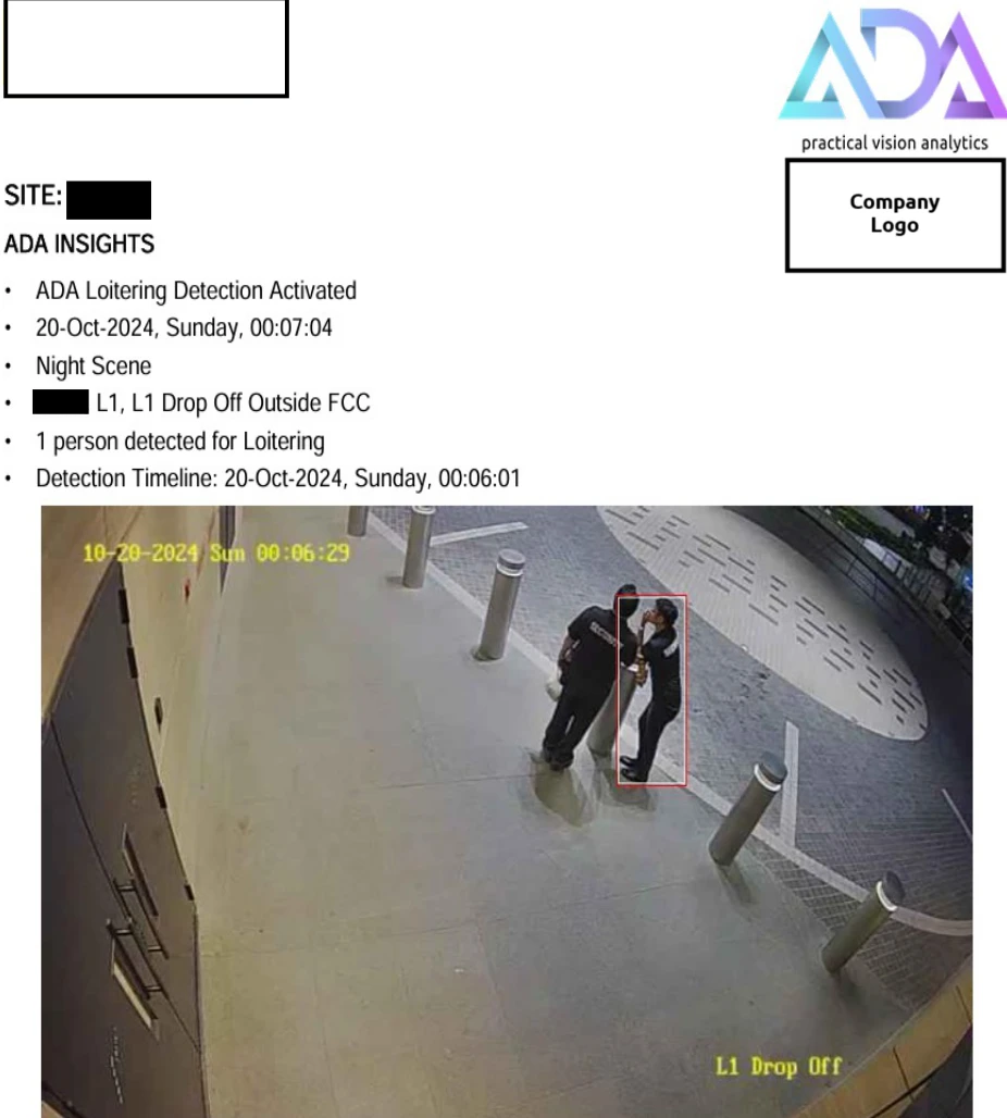 ADA AI insight report — loitering detection with timestamped CCTV snapshot