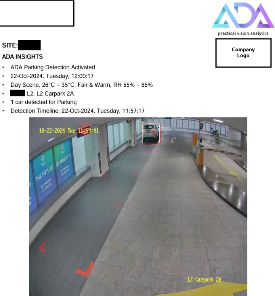 ADA AI insight report — parking detection with timestamped CCTV snapshot